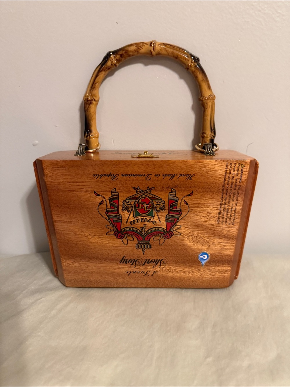 A. Fuente Short Story Wooden Box Purse with Bamboo Handle Felt Lined